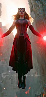 Flying superhero with glowing red hands in canyon.