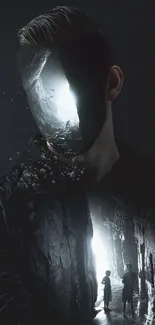 Surreal artwork of a figure with reflective face and mystical scenery.