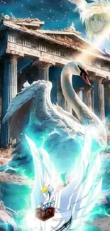 Fantasy swan wallpaper with ancient ruins and cosmic background.