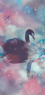 Mobile wallpaper with a swan amidst dreamy, colorful clouds and stars.