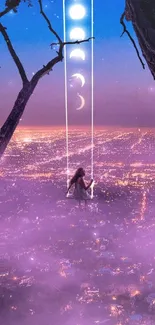 Girl swings beneath moon phases over a mystical cityscape.