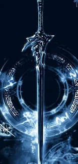 Mystical blue sword with glowing runes on dark background.