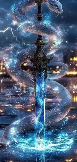 Mystical dragon wrapped around a magical sword with lightning.