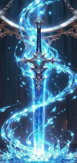 Enchanted sword with glowing blue aura, perfect for fantasy lovers.