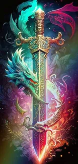 Mystical vibrant sword with dragons fantasy wallpaper.