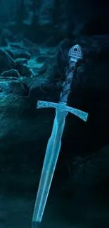 Mystical sword in a dark forest setting.