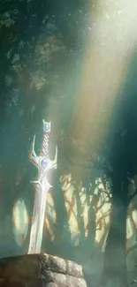 Mystical sword in enchanted forest with glowing light.