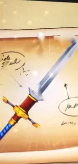 Mystical sword on parchment wallpaper with glowing details and script.