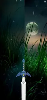 Sword standing in moonlit grass at night scene.