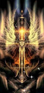 Mystical sword with angelic wings and fiery background.