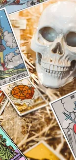 Tarot cards with skull on mystical wheat background.