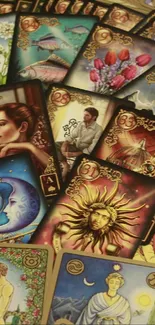 Vibrant tarot cards with mystical designs, ideal for wallpaper.