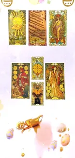 A colorful tarot card spread with mystical symbols.