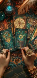 Mystical tarot card display on ornate surface.