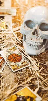 Skull and tarot cards on a mystical table.