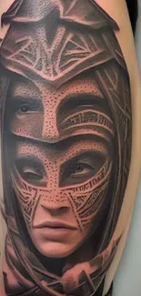 Intricate mystical tattoo art on skin with abstract facial patterns.