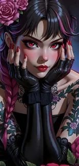 Anime girl with tattoos and roses in a mystical setting.