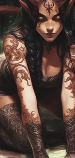 Mystical tattooed elf with intricate designs in dark fantasy art style.