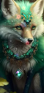 Mystical teal fox with jewels in a lush forest setting.