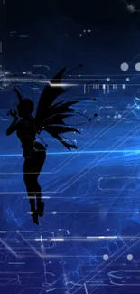 Silhouette of a fairy against a blue tech-inspired background.