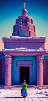 Vibrant mystical temple at dusk with pink tones and serene architecture.