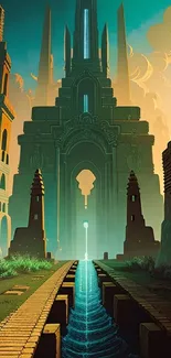 Fantasy temple under a teal sunset with mystical atmosphere.