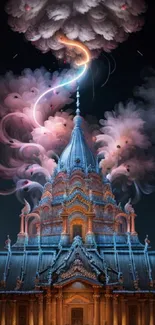 Mystical temple with swirling neon clouds in fantasy art wallpaper.