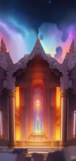 Mystical temple with glowing lights and vibrant colors in fantasy art style.