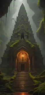 Mysterious temple in foggy green forest landscape.