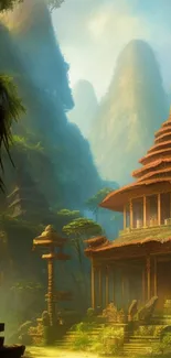 Mystical temple with lush green mountains in the background.