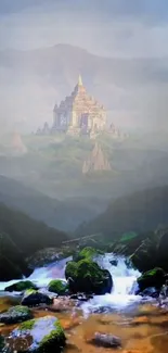 Mystical temple amidst lush mountains and streams.