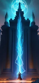 Mystical temple with radiant lightning bolt and ethereal aura.