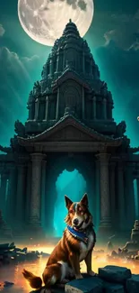 A dog sits in a moonlit ancient temple with teal lighting and stone structures.