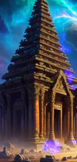 Mystical ancient temple under a vibrant cosmic sky.