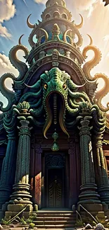 Mystical temple with tentacles and vibrant sky.