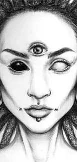 Black and white mystical third eye sketch artwork.