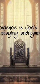 Mystical throne with quote on coincidence in elegant wallpaper.