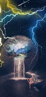 Mystical fantasy wallpaper with thunder and waterfall.