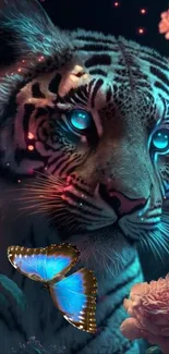 Mystical blue-eyed tiger with butterfly in fantasy setting.