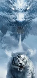 Mystical dragon and tiger in icy setting, mobile wallpaper.