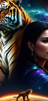 Mystical image of a tiger and a woman with cosmic background.