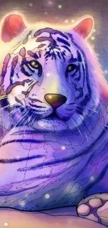 Mystical tiger artwork in vivid pink and blue hues, glowing with a dreamy ambiance.