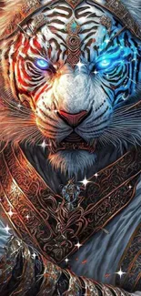 Mystical tiger artwork with glowing blue eyes and intricate patterns.