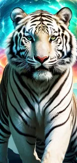 White tiger standing with colorful cosmic background in galaxy scene.