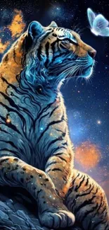 A majestic tiger sits against a galaxy background with a glowing butterfly.