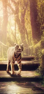 White tiger walking through an enchanted green forest setting.