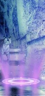 Mystical tiger walking through a purple enchanted forest.