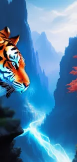 Tiger in a mystical blue and red fantasy landscape art.