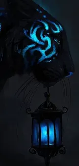 Mystical glowing tiger holding a lantern with blue tribal patterns.