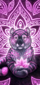 Pink and purple mandala with a mystical tiger holding a lotus.